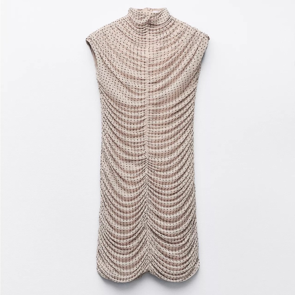Zara Beige Dot Ruched Mock-Neck Dress
